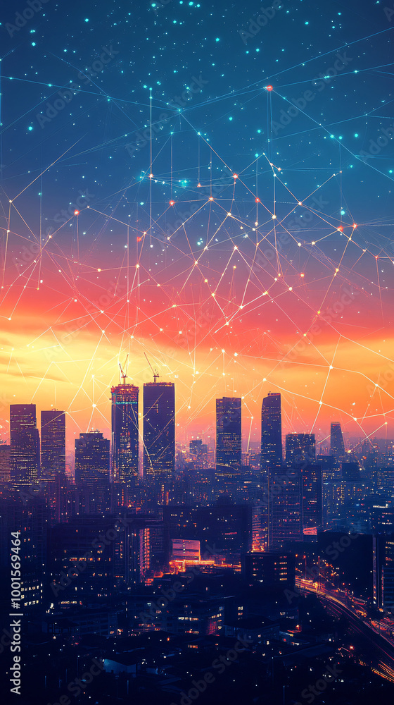 Fototapeta premium The city glows at sunset, connecting lines form a network over modern architecture and skyscrapers, symbolizing a bustling business and tech hub where communication flows seamlessly