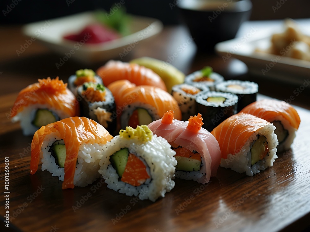 Delicious sushi meal on a restaurant table. Delicious sushi meal on a restaurant table.