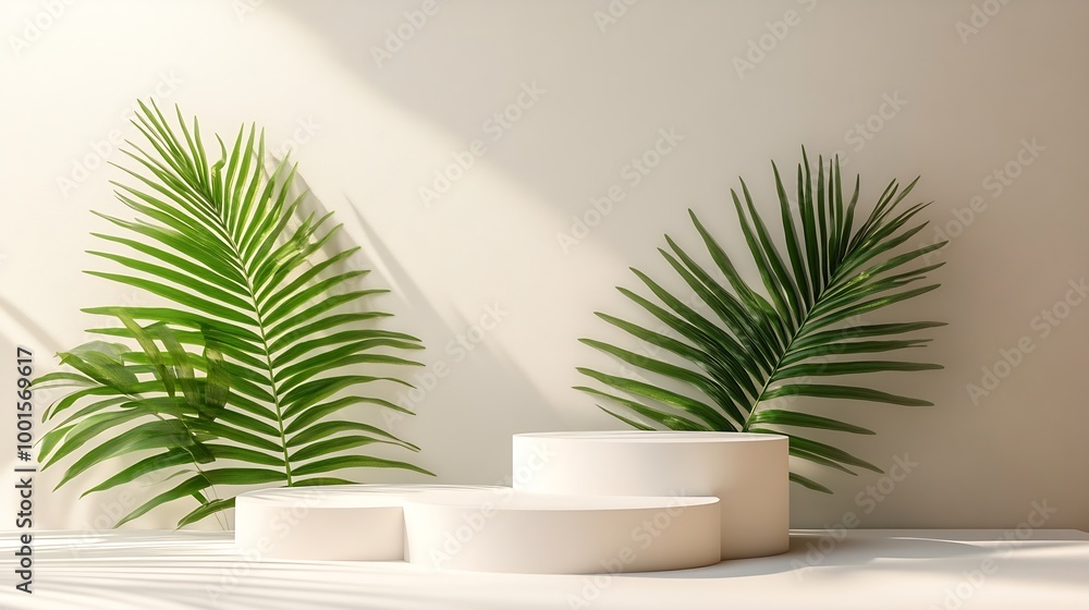 Three varying height white podiums complemented by a palm leaf on a neutral background ideal for product display : Generative AI Three varying height white podiums complemented by a palm leaf on a neutral background ideal for product display : Generative AI