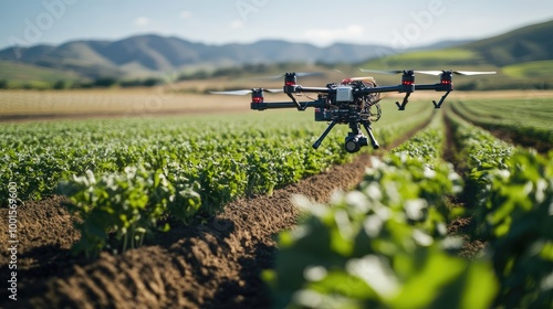 High-tech farm with drone and robotic arm collaborating on crop management and health