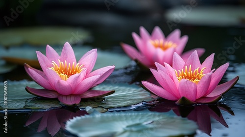 stunning water lilies on a pond surrounded by blooming flowers and greenery, reflecting the natural landscape in calm waters and creating a serene and peaceful garden with tranquil aquatic plants