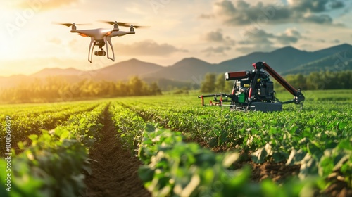 High-tech farming tools with a drone in flight and a robotic arm engaged in field operations