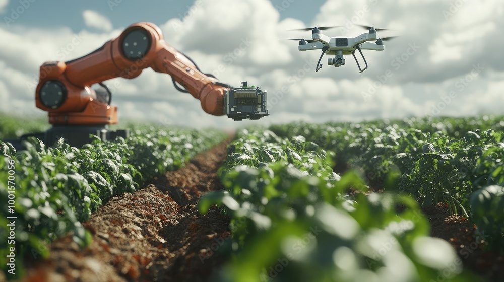 Naklejka premium Innovative farm tech with a robotic arm handling crops and a drone providing aerial data