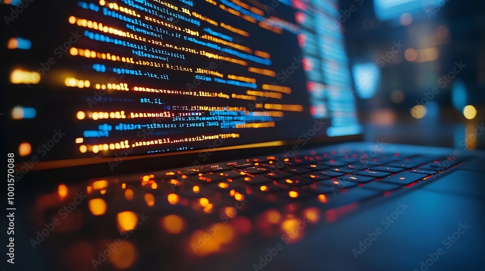 close up computer engineering writing programming code in database on laptop keyboard to protect and blocking spam email from internet and hacker for smart technology concept : Generative AI close up computer engineering writing programming code in database on laptop keyboard to protect and blocking spam email from internet and hacker for smart technology concept : Generative AI