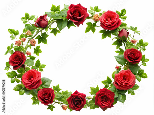 A beautiful bouquet of red roses is arranged in a circle. The roses are of various sizes and are placed in a way that creates a sense of harmony and balance. The arrangement is elegant