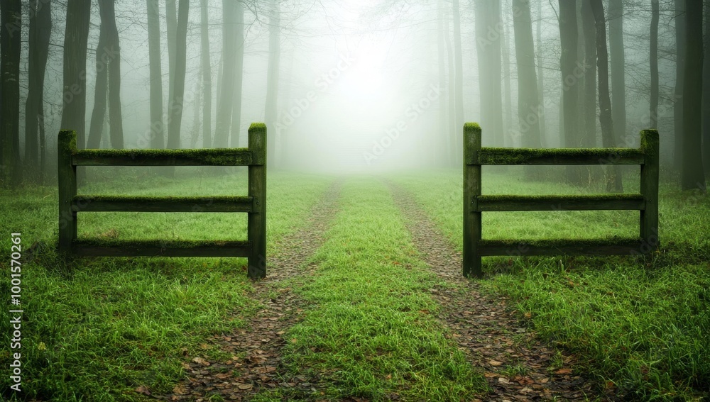 Old Cemetery Gate With Moss And Misty Grass Old Cemetery Gate With Moss And Misty Grass