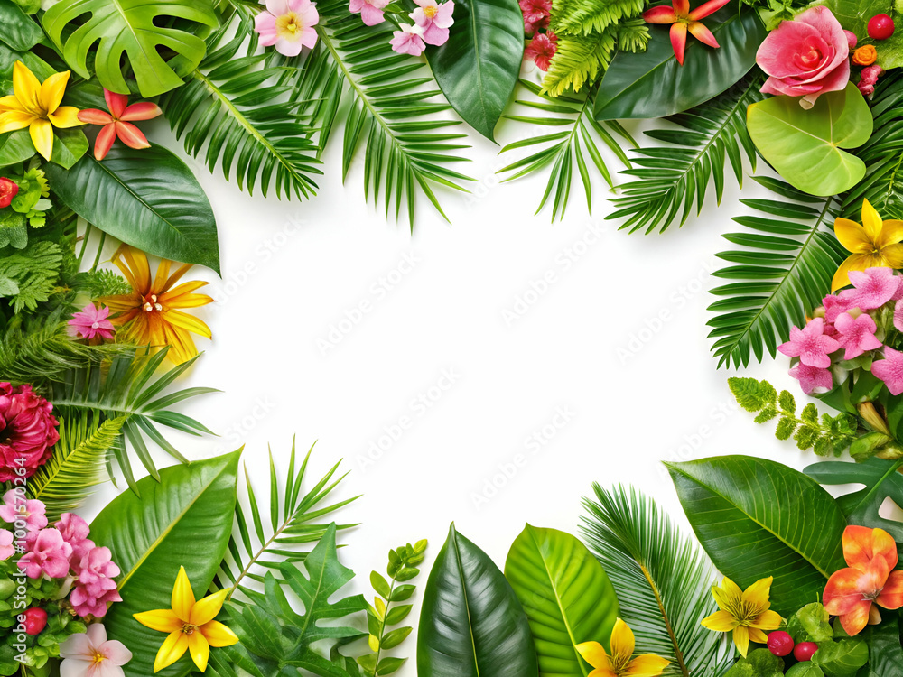A colorful frame of leaves and flowers with a white background. The frame is made up of various types of leaves and flowers, including some that are pink and yellow. Scene is vibrant and lively A colorful frame of leaves and flowers with a white background. The frame is made up of various types of leaves and flowers, including some that are pink and yellow. Scene is vibrant and lively