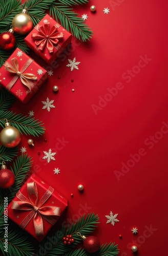 Holiday Ornament Arrangement: Top view of artisanal gift boxes, chic tree embellishments, red and gold balls, glimmering star, snowflakes, mistletoe berries on red surface, ready for your festive text