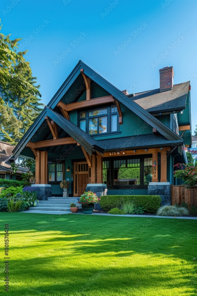 Beautiful Craftsman-style house with a dark teal exterior, wooden beams, and a lush green lawn under a clear blue sky. Beautiful Craftsman-style house with a dark teal exterior, wooden beams, and a lush green lawn under a clear blue sky.