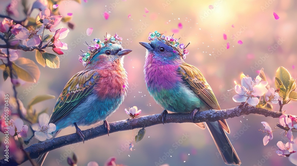 Two vibrant birds perched on a flowering tree branch, wearing delicate crowns made of twigs, tiny flowers, and gemstones. Their feathers are a mosaic Two vibrant birds perched on a flowering tree branch, wearing delicate crowns made of twigs, tiny flowers, and gemstones. Their feathers are a mosaic