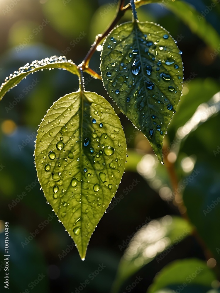 Dew-covered leaves shine in sunlight, capturing freshness. Dew-covered leaves shine in sunlight, capturing freshness.