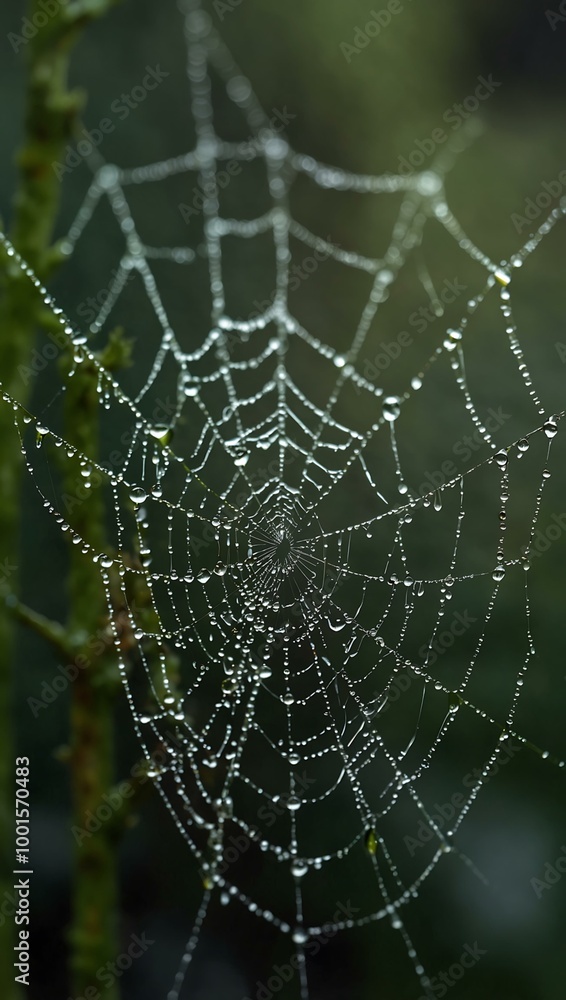 Dew-covered spiderweb on a dark green background. Dew-covered spiderweb on a dark green background.