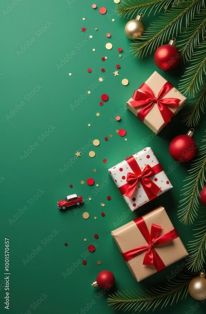 Season's greetings scene. Top-view of boxes tied with bows, Christmas decorations, balls, rustic star, holly berries, frosty spruce branches, confetti on green backdrop, perfect for messages or promo Season's greetings scene. Top-view of boxes tied with bows, Christmas decorations, balls, rustic star, holly berries, frosty spruce branches, confetti on green backdrop, perfect for messages or promo