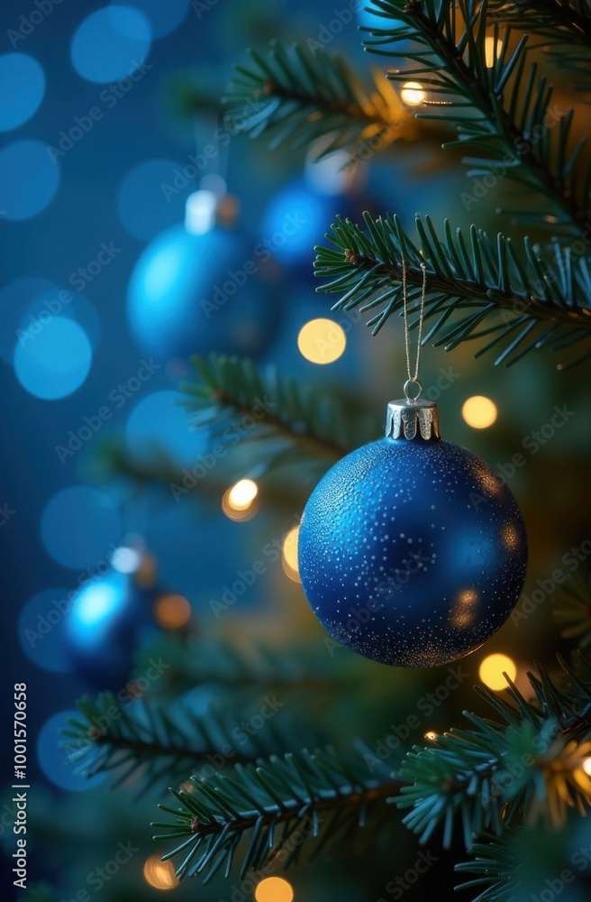 Christmas Tree With Ornaments In Blue And Defocused Lights - Baubles Hanging On Fir Branches With Glittering In Abstract Background Christmas Tree With Ornaments In Blue And Defocused Lights - Baubles Hanging On Fir Branches With Glittering In Abstract Background