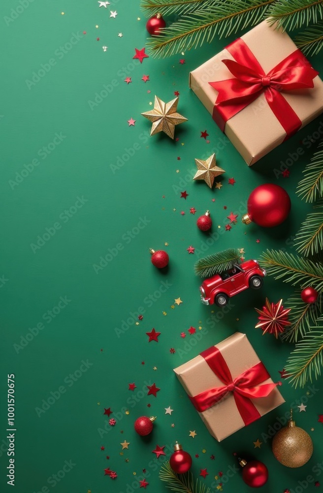 Season's greetings scene. Top-view of boxes tied with bows, Christmas decorations, balls, rustic star, holly berries, frosty spruce branches, confetti on green backdrop, perfect for messages or promo Season's greetings scene. Top-view of boxes tied with bows, Christmas decorations, balls, rustic star, holly berries, frosty spruce branches, confetti on green backdrop, perfect for messages or promo
