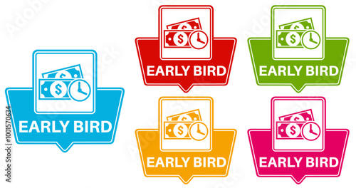 Set Stylish early bird icon labels. early buy symbol Special discount sign sticker social media promotion design vector illustration