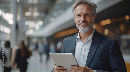 Happy middle aged business man ceo wearing suit standing in office using digital tablet Smiling mature businessman professional executive manager looking away thinking working on tech : Generative AI