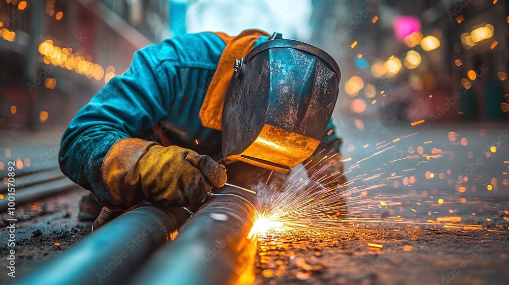 construction welder welding a pipe in an urban street during the day performing mechanical repair with sparks flying showcasing manual labor industrial engineering construction welder welding a pipe in an urban street during the day performing mechanical repair with sparks flying showcasing manual labor industrial engineering