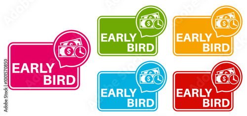Set Stylish early bird icon labels. early buy symbol Special discount sign sticker social media promotion design vector illustration
