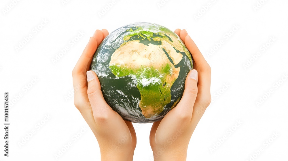 Hands Holding Earth: A globe cradled in gentle hands, emphasizing our collective responsibility to protect the planet and uphold human rights. The background is pure white, allowing for versatile Hands Holding Earth: A globe cradled in gentle hands, emphasizing our collective responsibility to protect the planet and uphold human rights. The background is pure white, allowing for versatile