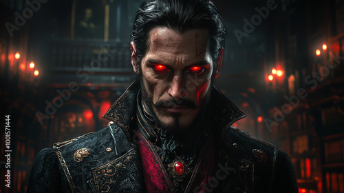 male vampire with glowing red eyes stands dominantly in a dark library, his expression intense under the shadowy, candlelit ambiance