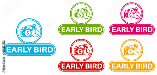 Set collections early bird trendy colorful icon sign. cheaper labels discount banner design template Vector illustration