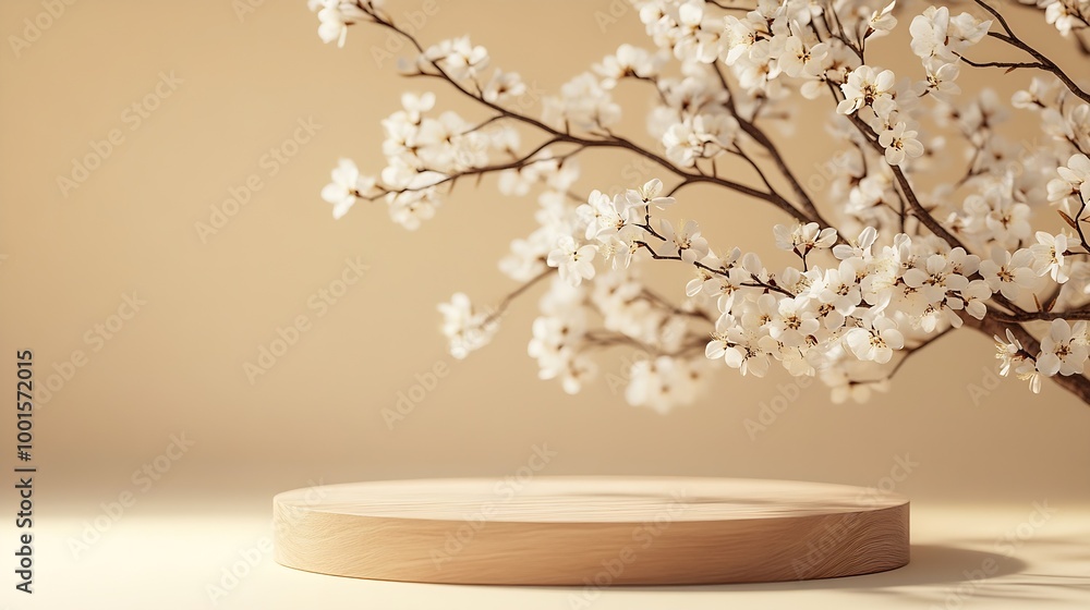 Geometric empty podium wooden platform stand for product presentation and spring flowering tree branch with white flowers on pastel beige background : Generative AI Geometric empty podium wooden platform stand for product presentation and spring flowering tree branch with white flowers on pastel beige background : Generative AI