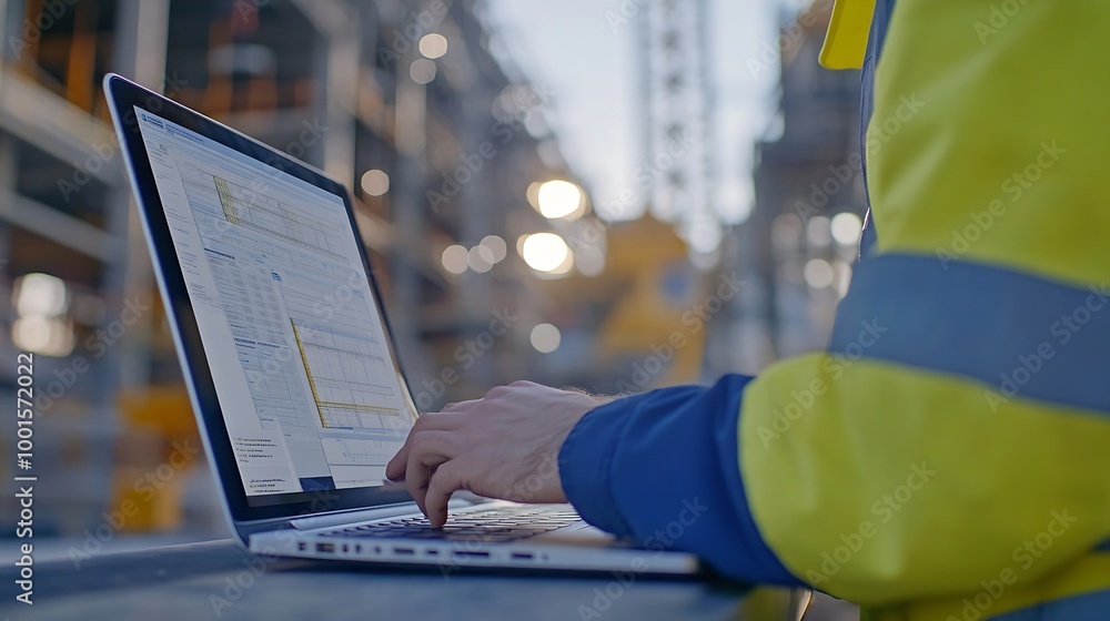 Fototapeta premium Scheduling and proceeding with task reports updating or tracking engineering progress Project engineer or manager uses laptop to manage construction or operation plans with Gantt chart : Generative AI