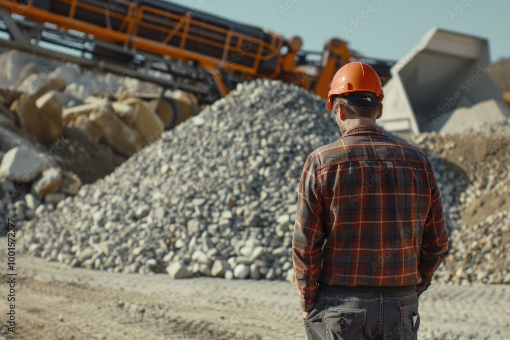 A worker in a hard hat stands next to a pile of rocks, suitable for construction or mining scenes A worker in a hard hat stands next to a pile of rocks, suitable for construction or mining scenes