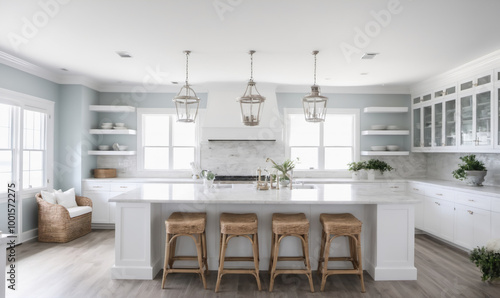 Wallpaper Mural A modern kitchen with white cabinets, a large island, and four woven bar stools Torontodigital.ca