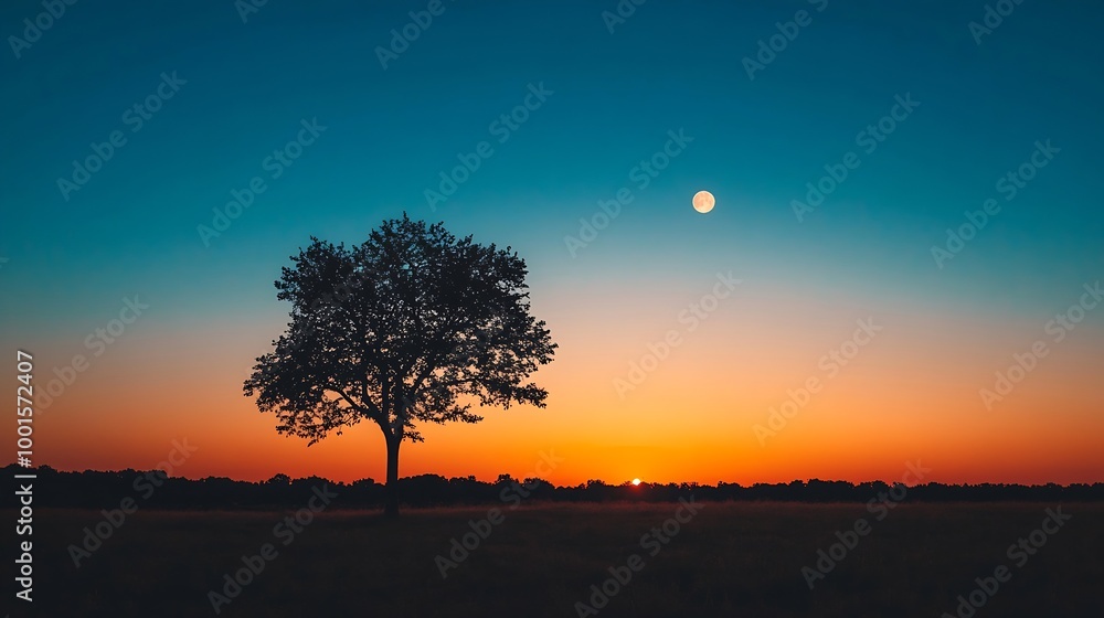 A serene landscape featuring the silhouette of trees against a dusk sky with the setting sun and a rising moon in the backdrop : Generative AI A serene landscape featuring the silhouette of trees against a dusk sky with the setting sun and a rising moon in the backdrop : Generative AI