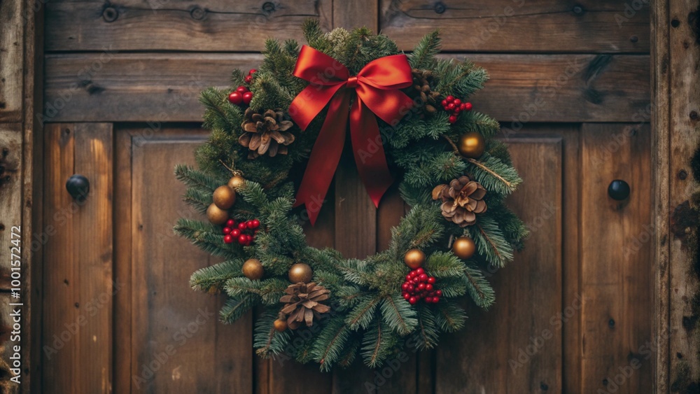 Festive Christmas Wreath with Red Bow Welcoming Holiday Spirit on Wooden Door. Festive Christmas Wreath with Red Bow Welcoming Holiday Spirit on Wooden Door.