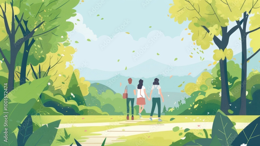 A serene scene with two individuals strolling through a lush and vibrant green forest