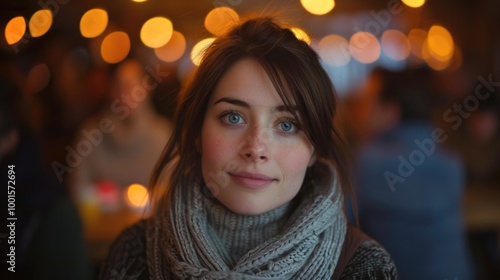 A close-up of a woman wearing a scarf wrapped around her neck, possibly for protection or fashion