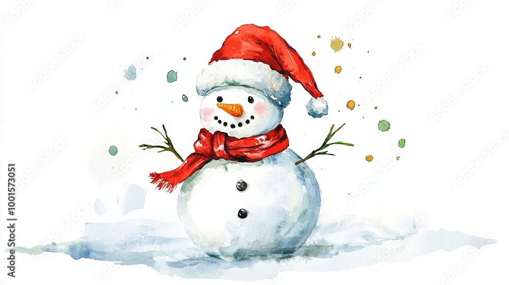 Snowman in santa hat watercolor