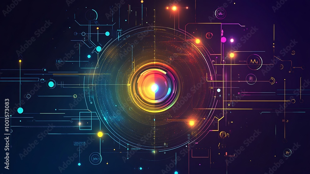 Obraz premium Abstract futuristic tech background with a glowing circular element and circuit lines.