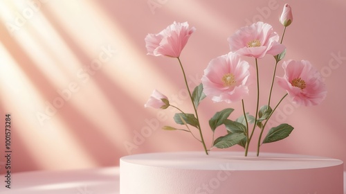 Composition with plaster podium and beautiful eustoma flowers on pink background : Generative AI