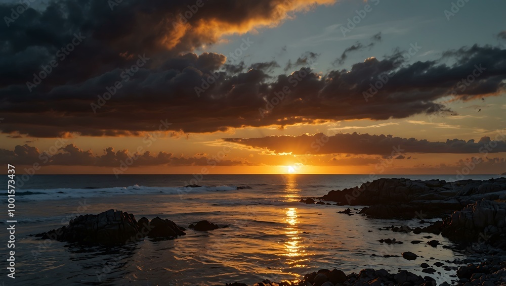 Dramatic sunset illuminating a rocky coastline. Dramatic sunset illuminating a rocky coastline.