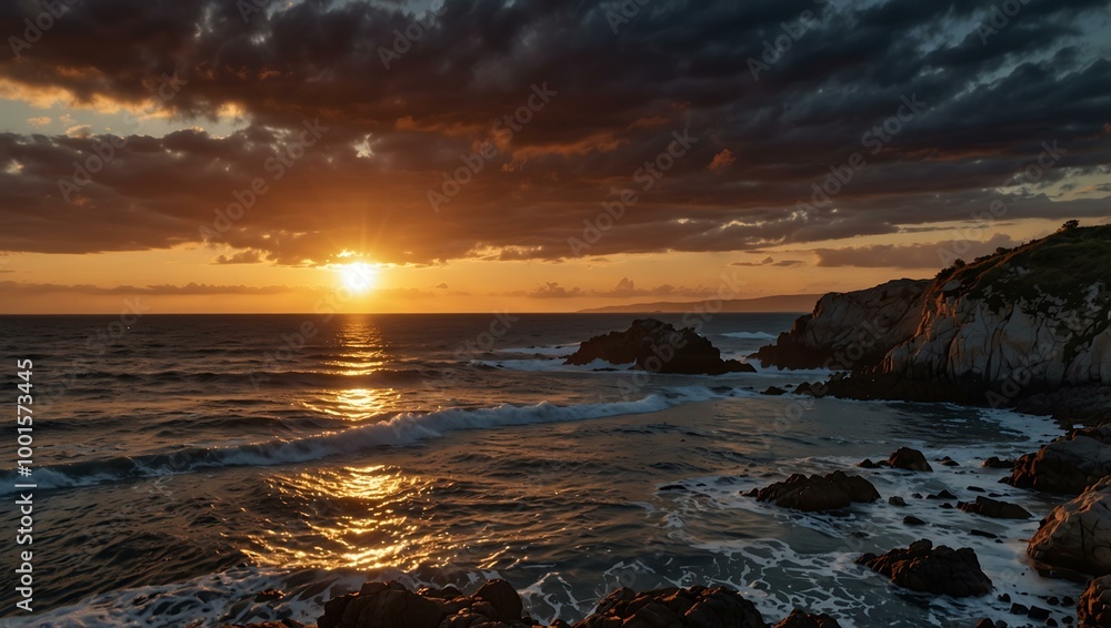 Dramatic sunset illuminating a rocky coastline. Dramatic sunset illuminating a rocky coastline.