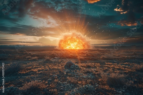 A massive explosion in the middle of a desert landscape