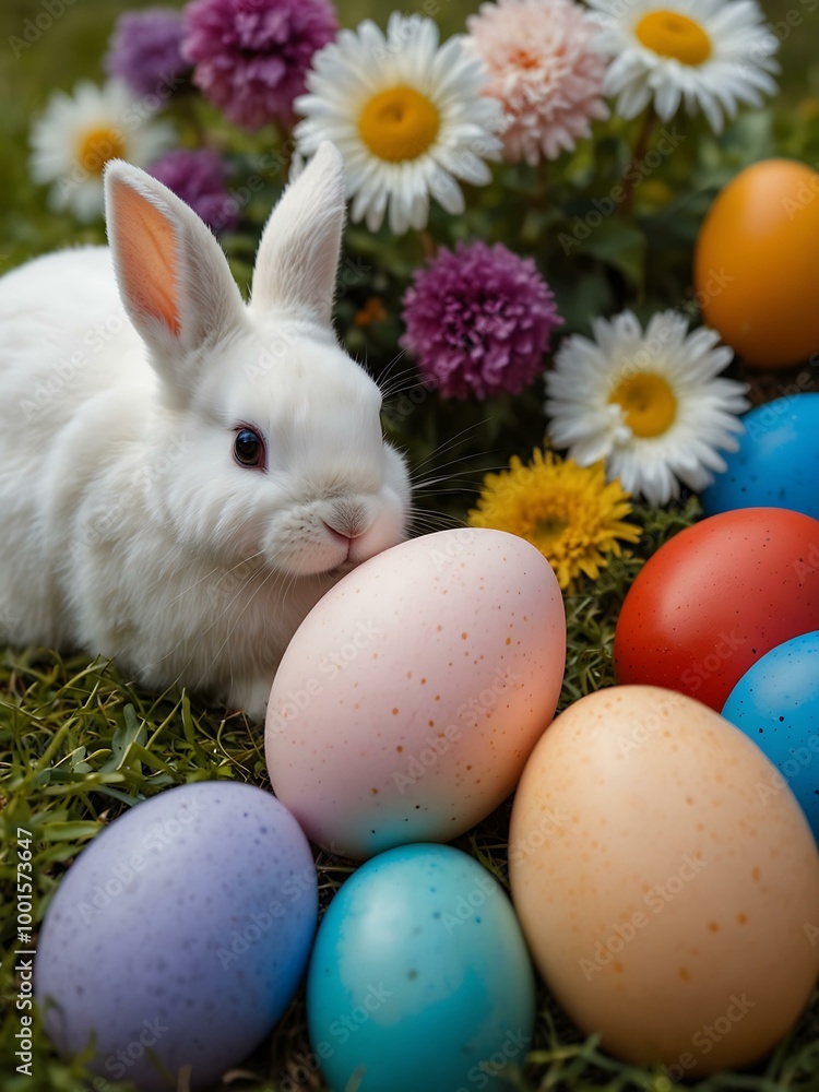Dreamy white bunny among colorful eggs and flowers. Dreamy white bunny among colorful eggs and flowers.