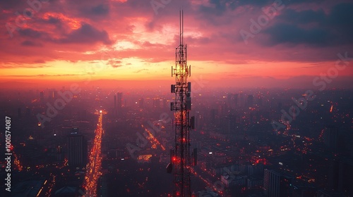 telecommunication tower at twilight with urban skyline and wireless signal transmission, city technology connection and antenna network infrastructure in the cityscape at dusk