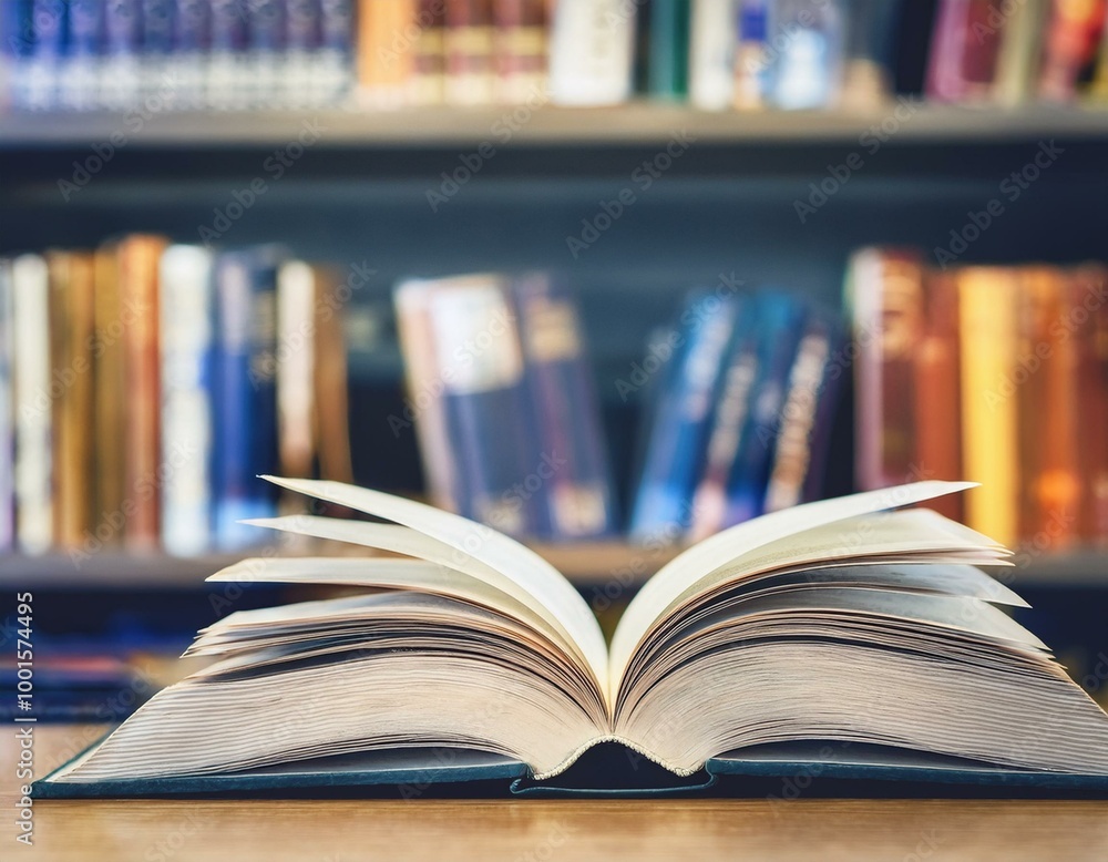 Book in library with old open textbook, stack piles of literature text archive on reading desk, and aisle of bookshelves in school study class room background for academic education learning concept Book in library with old open textbook, stack piles of literature text archive on reading desk, and aisle of bookshelves in school study class room background for academic education learning concept