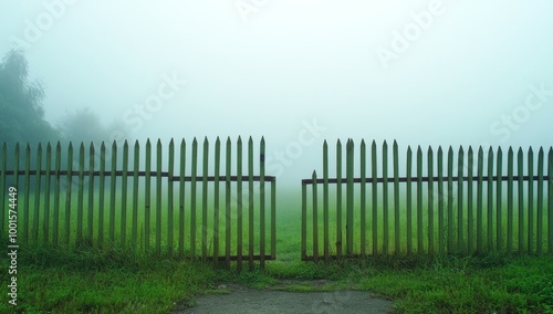 Old Cemetery Gate With Moss And Misty Grass