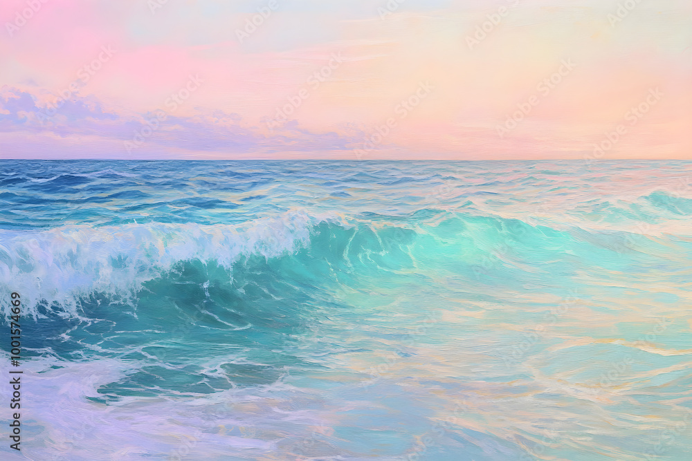 Naklejka premium Dreamlike Coastal Paradise: A Surreal Ocean of Pink, Blue, and Green