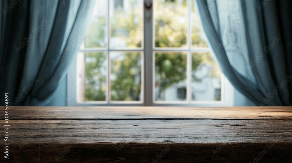 Wooden table with blurred background of window framed by curtains and trees outside the window Wooden table with blurred background of window framed by curtains and trees outside the window
