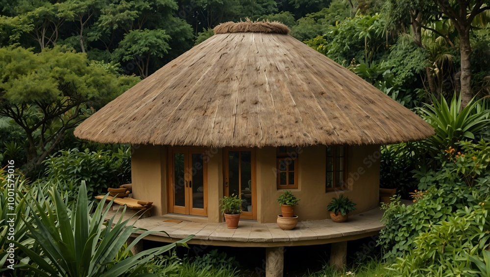 Earth-toned round house with a thatched roof amidst lush greenery. Earth-toned round house with a thatched roof amidst lush greenery.