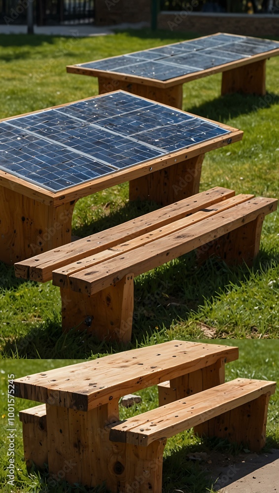 Eco-friendly park with solar-powered benches. Eco-friendly park with solar-powered benches.