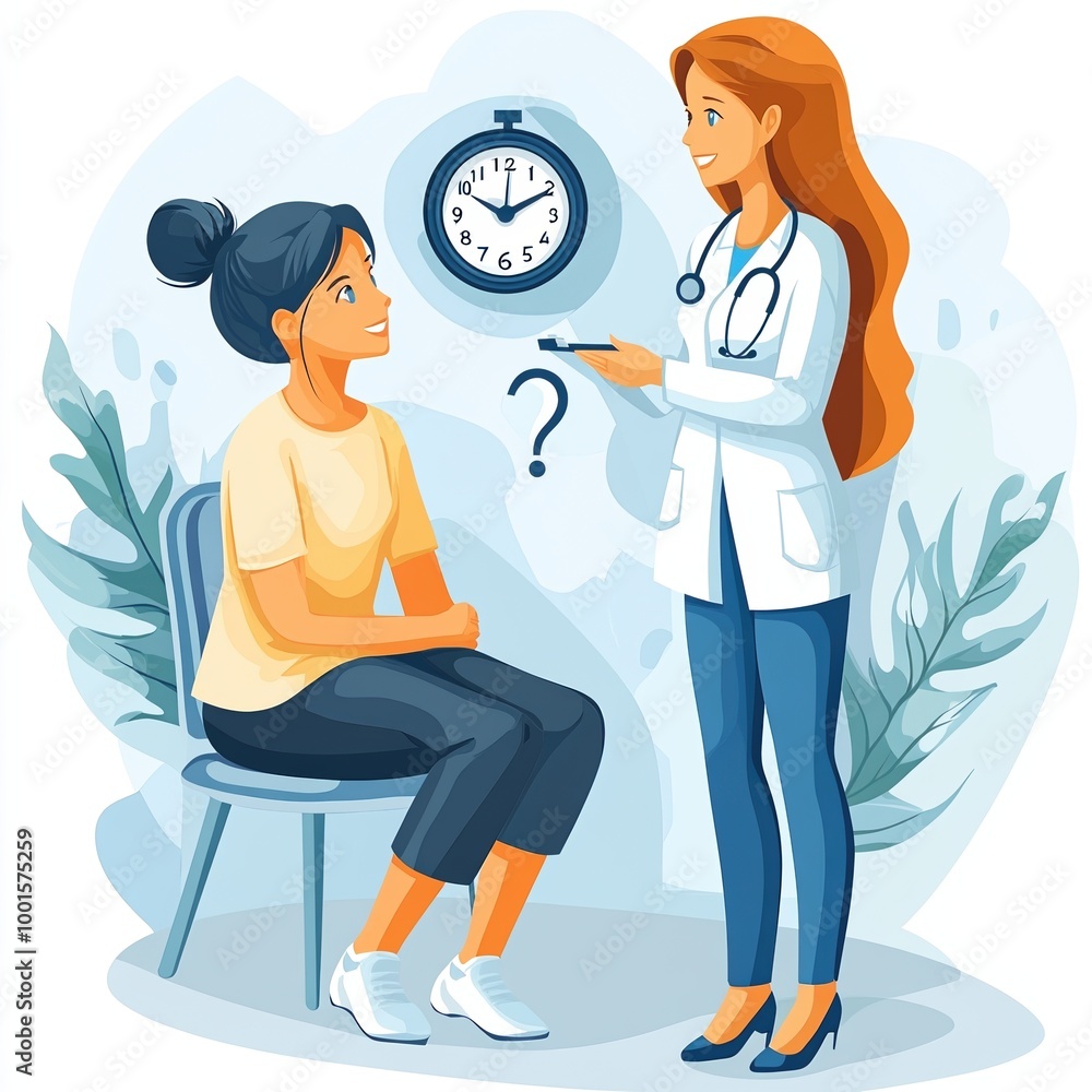 A female doctor discussing health with a patient, bright colors and friendly atmosphere. A female doctor discussing health with a patient, bright colors and friendly atmosphere.