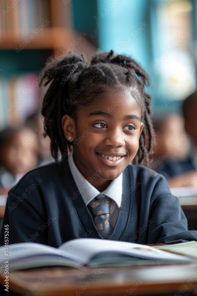 A young girl sits at her desk, surrounded by books and focused on her reading A young girl sits at her desk, surrounded by books and focused on her reading
